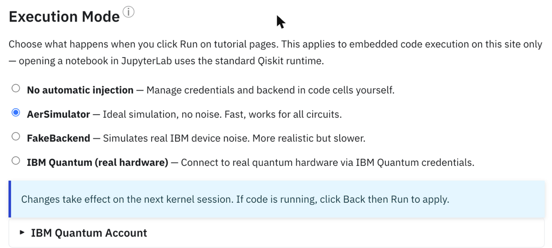 Tetapan Mod Pelaksanaan: AerSimulator, FakeBackend atau IBM Quantum (perkakasan sebenar).